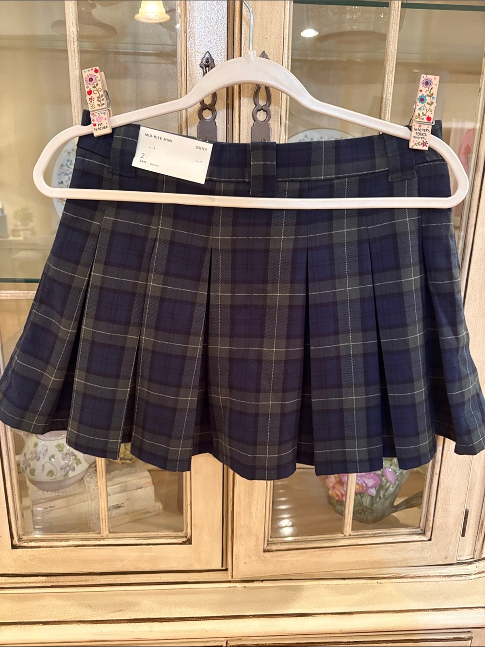 NWT American Eagle Plaid Pleated Mini Skirt with Front Pockets - Navy Green - Picture 3 of 8
